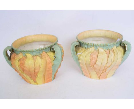Pair of late 19th/early 20th century Royal Worcester jardinieres with relief moulded designs (2), 20cm high