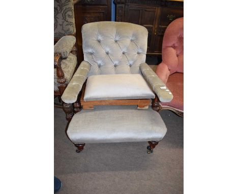 Victorian pale blue upholstered button back library armchair together with a similarly upholstered 20th century foot stool (2
