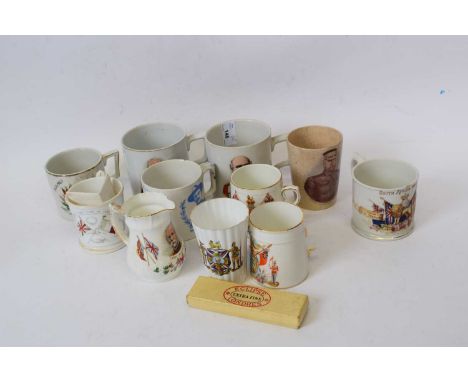 Quantity of commemorative mugs, mainly Boer War, one with Major General Baden-Powell, Defender of Mafeking, others with image