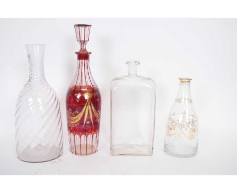 Group of decanters including a Regency example with ruby and gilt decoration, further small 18th/19th century example with gi