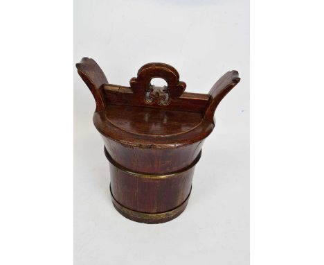 A vintage Chinese wooden bucket or pail with metal bands and locking mechanism to cover24cm high