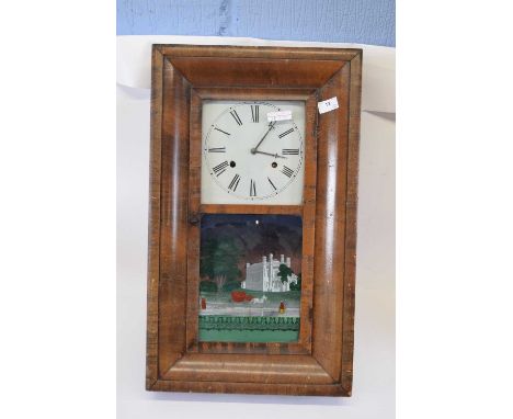 Rectangular wall clock with silvered enamel dial and Roman numerals, painted glass panel below of a castle scene, with horse 