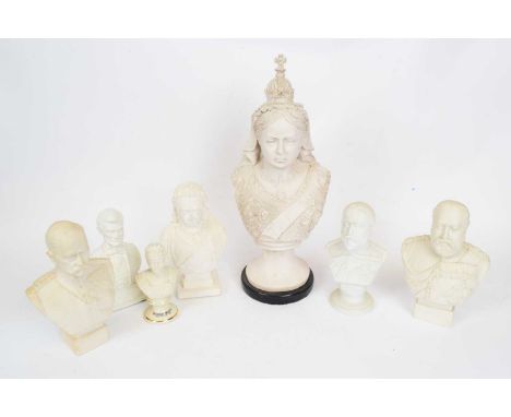 Quantity of ceramic white glazed busts of Royal figures and politicians including Queen Victoria, one of Lincoln, one of Edwa