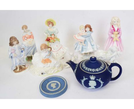 Group of porcelain figures, Royal Doulton 'Jane', Royal Worcester 'Old Country Ways',. Royal Worcester 'Love', Royal Doulton 
