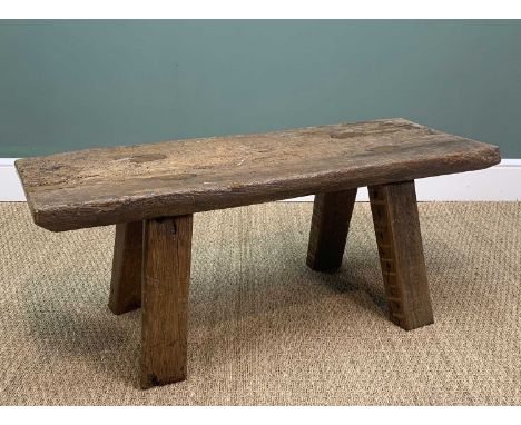 ANTIQUE RUSTIC ELM WELSH PIG BENCH, 42 (h) x 106 (w) x 39cms (d)Provenance: deceased estate NewportComments: old worm, varnis