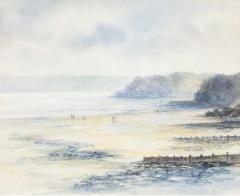 ‡VALERIE GANZ (1936-2015) mixed media - vast coastal scene with figures walking on the shoreline, signed, 44 x 52cmsProvenanc