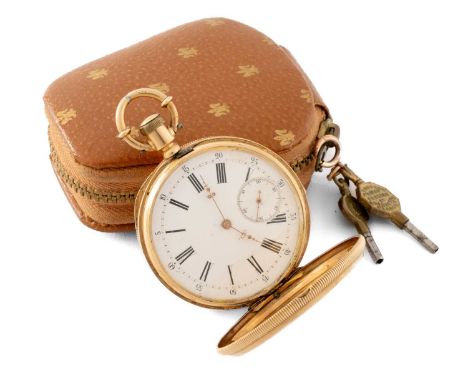 19TH C. J. F. BOUTTE 14CT GOLD HUNTER POCKET WATCH, 56 standard floral engraved & engine turned case, white enamel dial, Roma