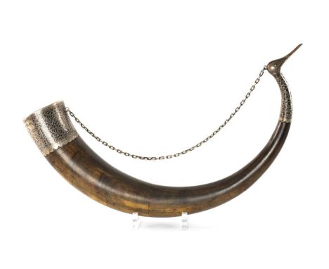 RARE RUSSIAN OR GEORGIAN SILVER-MOUNTED DRINKING HORN, c. 1900, fitted with broad niello collar, duck's head finial with turq