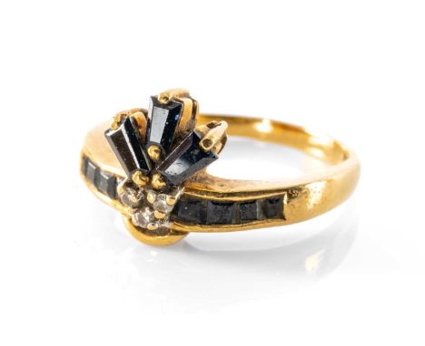 18CT GOLD SAPPHIRE & DIAMOND CHIP RING, ring size M, 3.4gms in ring boxProvenance: private collection Swansea, by family desc