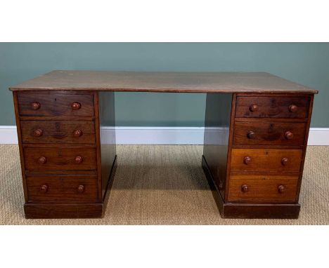 EARLY 20TH C. HOLLAND & SONS MAHOGANY PEDESTAL DESK, dummy double-depth drawer lower right, 75 (h) x 155 (w) x 80cms (d)Prove