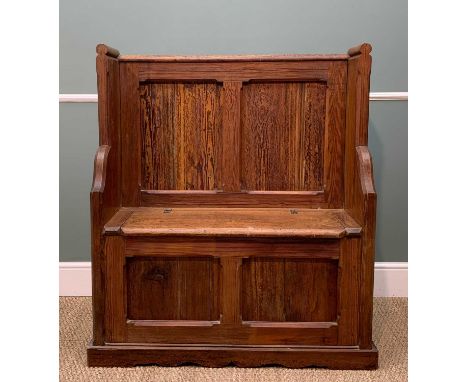 PITCH PINE BOX SETTLE BENCH with under seat storage, 117 (h) x 103 (w) x 38cms (d)Provenance: private collection Vale of Glam