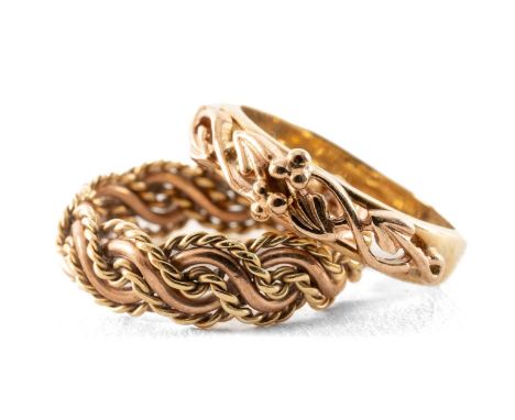 TWO CLOGAU 9CT GOLD RINGS, comprising Tree of Life and rope twist designs, 5.5gms gross in vintage Clogau ring box (2)Provena