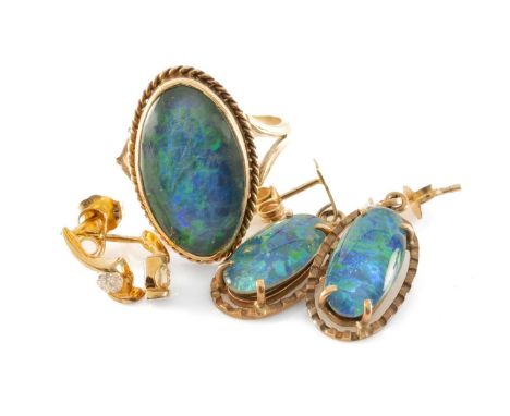 9CT GOLD BLACK OPAL TRIPLET RING, SIMILAR OPAL TRIPLET EARRINGS & DIAMOND EARRINGS, oval set ring stamped 9ct, 4.2g; the oval