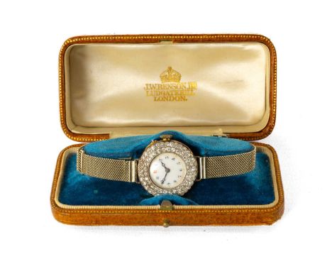 18CT YELLOW & WHITE GOLD DIAMOND SET COCKTAIL / EVENING WATCH, white enamel circular dial, Arabic numerals within double bord