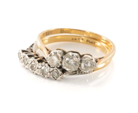 18CT GOLD & PLATINUM THREE STONE DIAMOND RING, 0.4cts overall, together with 18ct gold and platinum five stone diamond illusi