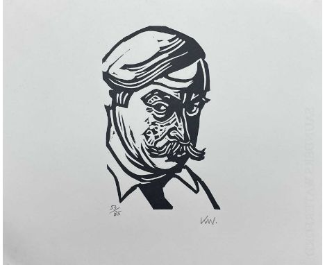 ‡SIR KYFFIN WILLIAMS RA (1918-2006) limited edition (53/85) linocut - self-portrait, signed with initials in pencil, 23 x 28c