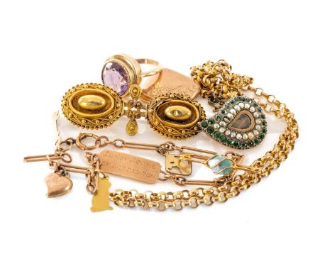 GROUP OF JEWELLERY comprising 9ct gold circle link chain, 9ct gold I.D. bracelet with charms, 9ct gold locket, yellow metal a