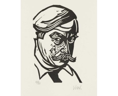 ‡ SIR KYFFIN WILLIAMS RA (Welsh 1918-2006) limited edition (55/85) linocut - self-portrait, signed with initials, 22 x 18cmsP