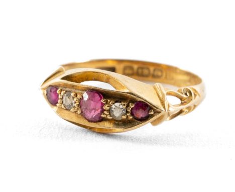 18CT GOLD FIVE STONE DIAMOND & RUBY RING, ring size Q, 2.9gms in E. R. Davies & Sons of Llandysul ring boxProvenance: private