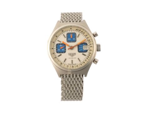 HEUER STAINLESS STEEL CHRONOGRAPH BRACELET WATCH, c. 1980, ref. 1611, made by Monnin (France), silvered and blue dial with fa