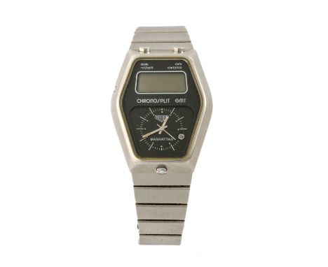 HEUER STAINLESS STEEL 'CHRONOSPLIT MANHATTAN GMT' BRACELET WATCH, c. 1970s, ref. 104.403, white printed black dial, polished 