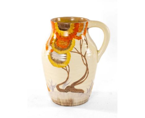 CLARICE CLIFF POTTERY LOTUS JUG, Rodanthe pattern, single handle with ribbed body, Bizarre printed mark, 24.5cms high (Isis s