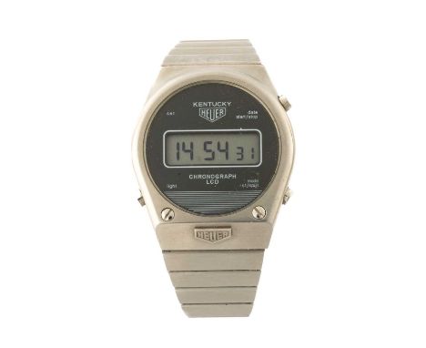 RARE GENT'S STAINLESS STEEL HEUER 'KENTUCKY' LCD CHRONOGRAPH BRACELET WATCH, c. 1970S, ref. 105.703, white printed black dial
