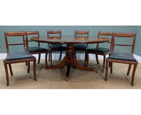 REGENCY MAHOGANY BREAKFAST TABLE & CHAIRS, possibly Irish, table with tilt action top, turned column, brass caps and castors,