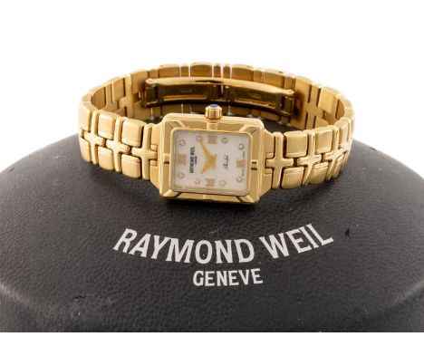 18K GOLD RAYMOND WEIL LADIES' 'PARSIFAL' BRACELET WATCH, ref. 10290, c.2004, rectangular mother-of-pearl dial, diamond marker