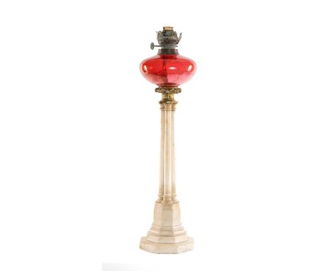GOOD 19TH C. GILT METAL MOUNTED MARBLE OIL LAMP, cluster column stem supporting cranberry glass oil reservoir and wick fittin
