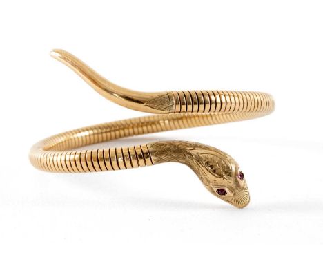 VICTORIAN 9CT GOLD COILED SNAKE BANGLE, red gem-set eyes, probably rubies, 21.5gProvenance: private collection Rhondda Cynon 