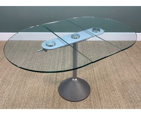 CONTEMPORARY DESIGNER STEEL & GLASS TABLE BY RONALD SCHMITT, made in Germany, model K 107/E, 73 (h) x 37 (w) closed 126 (w) e