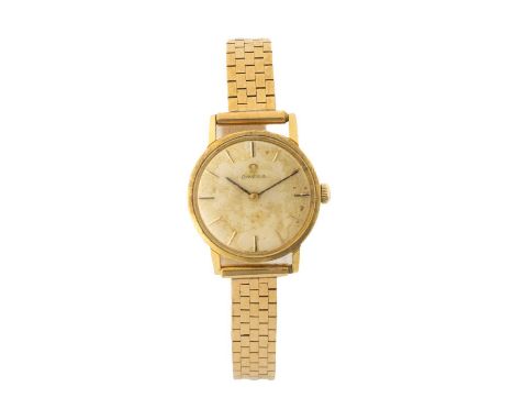 9CT GOLD OMEGA LADIES' WRISTWATCH, manual wind movement, champagne dial (degraded), baton markers, unsigned 9ct brick link br