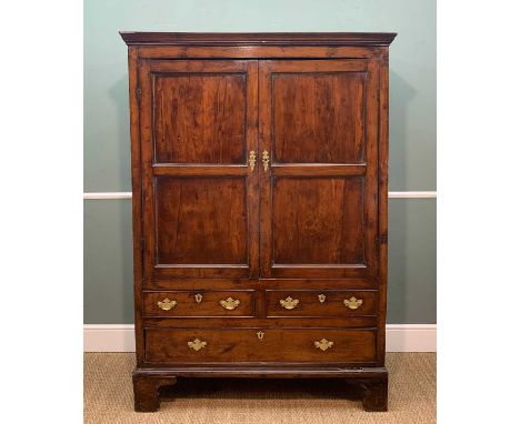 18TH C. JOINED YEW CUPBOARD, possibly Irish, ogee cornice above panelled cupboard doors, shelved inner, two short over one lo