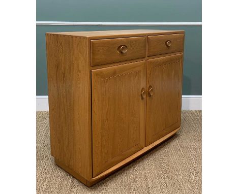 LATE 90'S ERCOL WINDSOR 2 DOOR HIGH SIDEBOARD 2072, one drawer with cutlery tidy, natural finish, 94 (h) x 104 (w) X 43cms (d
