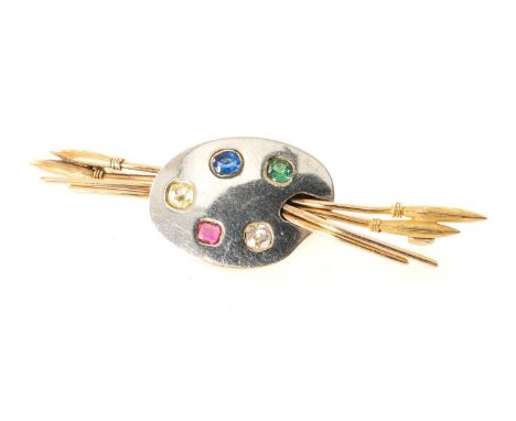 YELLOW & WHITE METAL ARTISTS' PALETTE & PAINTBRUSH BAR BROOCH, set with ruby, sapphire, emerald and two diamonds, 7.6gmsProve
