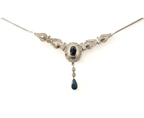 18CT WHITE GOLD SAPPHIRE & DIAMOND NECKLACE, central oval sapphire within border of diamonds above pear drop sapphire, set wi