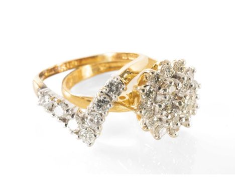 TWO 18CT RINGS, the first seven-stone brilliant cut diamond half wishbone ring and a nineteen-stone brilliant cut diamond clu