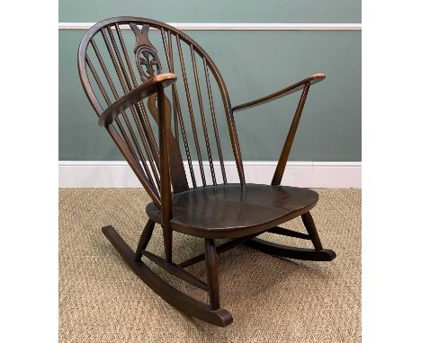 MID-CENTURY ERCOL GRANDFATHER ROCKING CHAIR 316, Old Colonial Antique finish, blue label, seat height 32cms, width over arms 