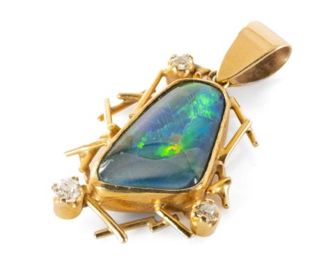 BLACK OPAL TRIPLET & DIAMOND PENDANT, rounded triangular form in unmarked yellow metal twig frame set with three diamonds, 4.