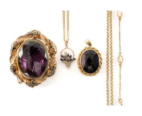 ASSORTED JEWELLERY comprising 9ct gold circle link chain, 9k gold diamond chip and sapphire pendant on 9ct gold flat link cha