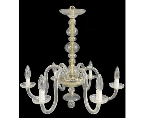 EARLY 20TH C. 6-LIGHT CLEAR GLASS CHANDELIER, multiple section baluster centre column, shallow bowl, scrolled arms, pendant b