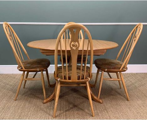 ERCOL CHESTER EXTENDING PEDESTAL TABLE 1167 & FOUR SWAN DINING CHAIRS 876, light finish, 730 (h) x 120 (w) (170 extended) x 1
