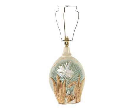 BERNARD ROOKE STONEWARE TABLE LAMP, decorated with insect and flowers.Provenance: private collection Swansea