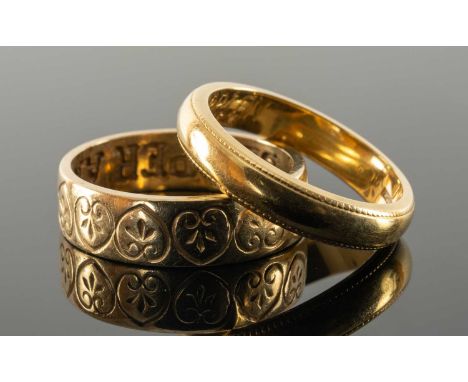 18CT GOLD WEDDING BAND, 4.2gms, together with 9ct gold engraved wedding band, 2.9gms (2)Provenance: private collection Pembro