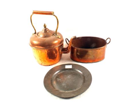 An 18th Century pewter plate, Victorian Coper kettle and a planter