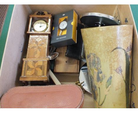 Burleigh 10x50 binoculars and miniature carpet bowls, a miniature longcase clock and a Victorian Mahogany box etc