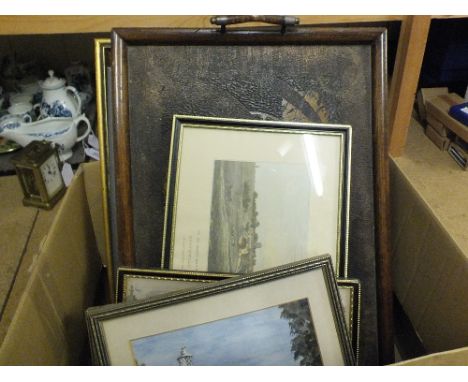 A stoneware beer barrel, Brass oil lamp, linen, pictures etc (two boxes)