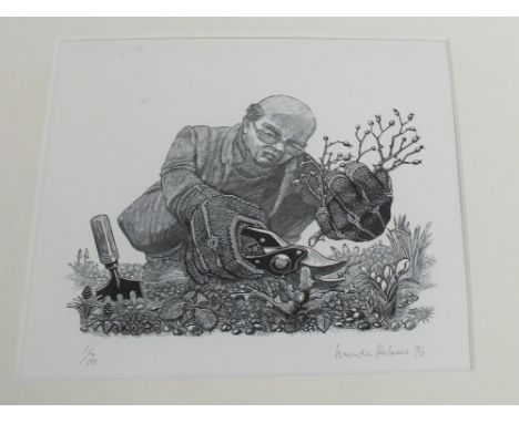 A limited edition print of a gardener, Linda Holmes 96 1/30 plus three Dickens prints