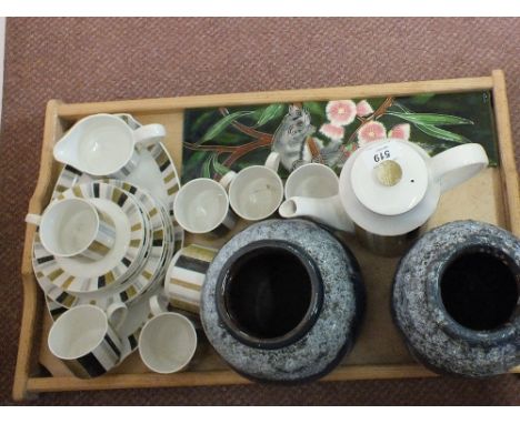 A Midwinter banded coffee set, two West German pottery items plus a tile
